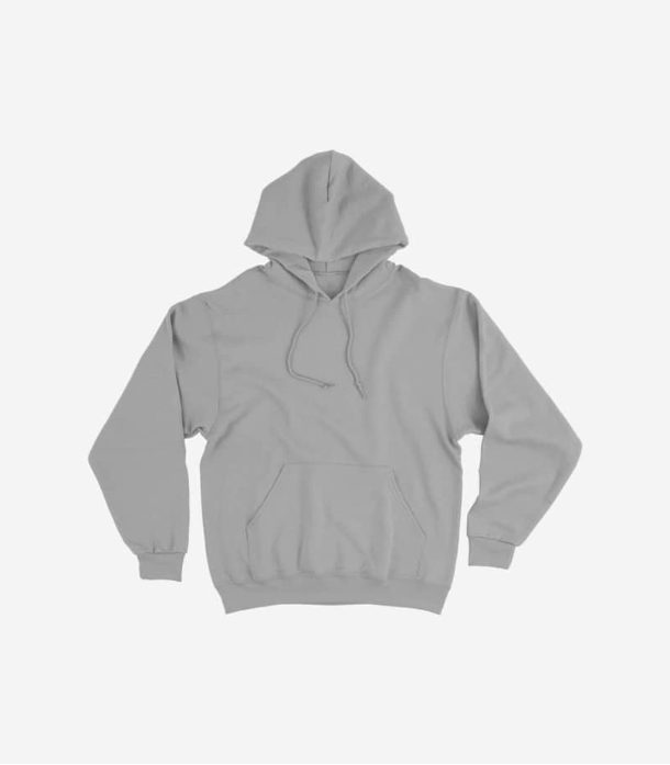 Grey pullover hoodie with kangaroo pocket, front view