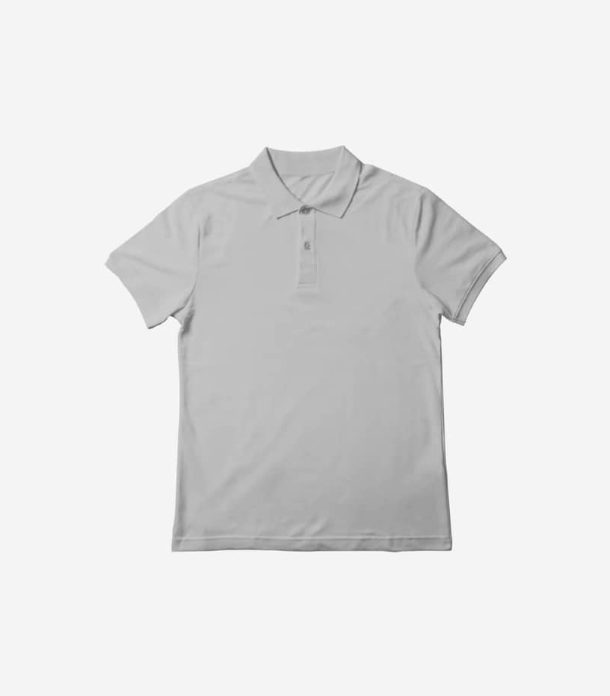 Grey polo shirt with ribbed collar, front view